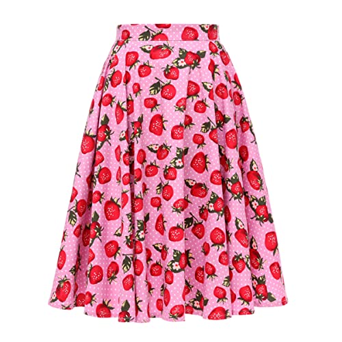 Damen Rockabilly Rock Vintage 1950er Jahre Retro Faltenrock Elastische Hohe Taille Swing Glockenrock Tellerrock Plissee A-Linie Knielang Festliche Röck Knielänge Trachtenrock Skater Sommer Rosa XL von FYMNSI