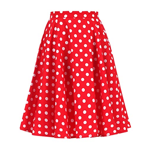 Damen Rockabilly Rock Vintage 1950er Jahre Retro Gepunktet Faltenrock Elastische Hohe Taille Swing Glockenrock Tellerrock Plissee A-Linie Knielang Festliche Röck Trachtenrock Sommer Rot Gepunktet XXL von FYMNSI