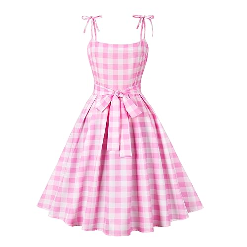 Damen Rosa Plaid Kleid Rockabilly Vinatge 50er Jahre Partykleid Swing Midikleid Karierter Festliches Feskleid Abendkleid M?dchen Rollenspiel Halloween Party Kost?m Film Verkleidung Anzug Rosa M von FYMNSI