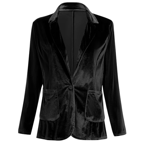 Damen Samt Blazer Jacke Lange Ärmel Reverskragen Knopfleiste Mantel mit Taschen Herbst Frühling Oberteile Elegant Business Velvet Anzugjacke Arbeitsblazer Herbstjacke Sakko Kurzblazer Schwarz 2XL von FYMNSI