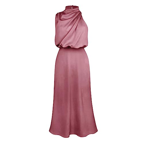 Damen Satin Kleid ?rmellos Lang Abendkleider Krawatte Taille Elegant f?r Hochzeit Cocktailkleid Partykleid Maxikleid Sommerkleid Satinkleid Wickelkleid Hochzeitsgast Ballkleid Vintage Dunkelrosa M von FYMNSI