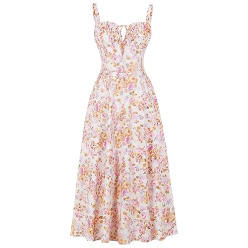 Damen Sommer Korsett Blumenkleid Blumen Midi Korsettkleid Freizeitkleider Wickelkleid Ärmellos Spaghettiträger A-Linie Urlaub Strandkleid Hochzeit Partykleid Kordelzug Maxikleid mit Schlitz Geblümt L von FYMNSI