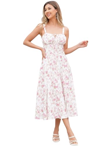 Damen Sommer Korsett Blumenkleid Blumen Midi Korsettkleid Freizeitkleider Wickelkleid ?rmellos Spaghettitr?ger A-Linie Urlaub Strandkleid Hochzeit Partykleid Kordelzug Maxikleid mit Schlitz Rosa L von FYMNSI