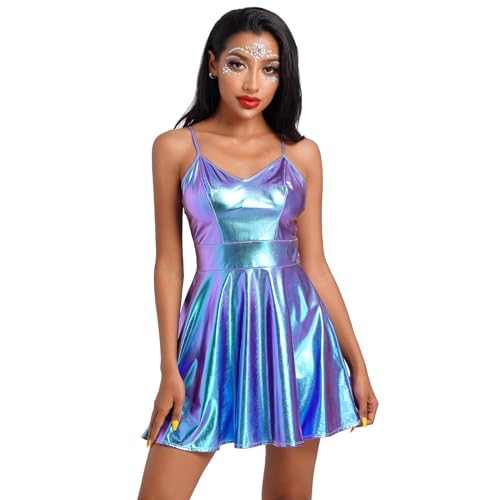 Damen Space Girl Kost?m Metallic Minikleid Tr?gerkleid Rave Outfits ?rmellos Glitzer Wetlook Holographisches Partykleid Gl?nzend Skaterkleid Festival Alien Cosplay Fasching 80er Clubwear Laser Blau XL von FYMNSI