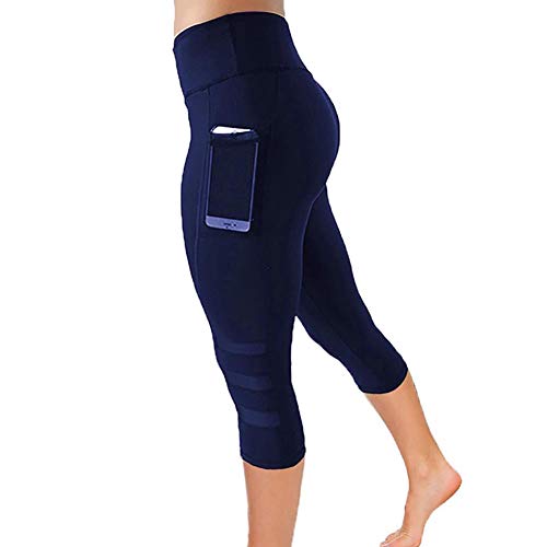 Damen Sport Leggings 3/4 Yogahose Sporthose Laufhose Training Tights mit Handytasche Hohe Taille Blickdichte Yoga Kurze Hose Sweatpants Laufshorts Jogginghose Taschen Short Gym Fitness Marineblau S von FYMNSI