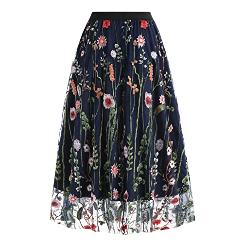 Damen T?llrock Langes Blumen Stickerei Rock Elegant Elastischer A-Linie Lagenrock Plissee T?ll Langes Kleid Blumenmuster Midir?cke Hohe Taille L?ssige M?dchen Rock Vintage 50er Meshrock Dunkelblau L von FYMNSI