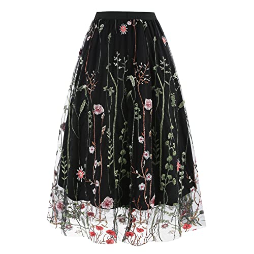 Damen T?llrock Langes Blumen Stickerei Rock Elegant Elastischer A-Linie Lagenrock Plissee T?ll Langes Kleid Blumenmuster Midir?cke Hohe Taille L?ssiges M?dchen Rock Vintage 50er Meshrock Schwarz M von FYMNSI