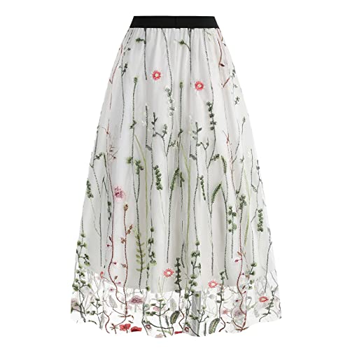 Damen T?llrock Langes Blumen Stickerei Rock Elegant Elastischer A-Linie Lagenrock Plissee T?ll Langes Kleid Blumenmuster Midir?cke Hohe Taille L?ssiges M?dchen Rock Vintage 50er Meshrock Wei? L von FYMNSI