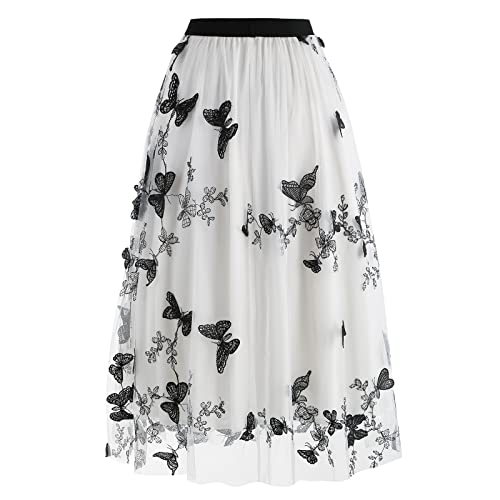 Damen T?llrock Langes Schmetterling Stickerei Rock Elegant Elastischer A-Linie Lagenrock T?ll Midir?cke Hohe Taille L?ssige M?dchen Rock Vintage 50er Meshrock Sommerrock Maxirock Wei? XL von FYMNSI