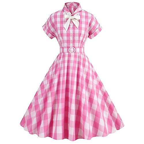 Damen Vichy Karo Vintage 1950er Rockabilly Audrey Hepburn Kleid Kurzarm Fliege Hals Plaid A-Linie Midi Retro Cocktailkleid Abendkleid 50er Jahre Party Festkleid Ballkleid Hochzeitsgast Rosa L von FYMNSI