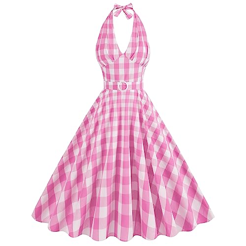 Damen Vichy Karo Vintage 1950er Rockabilly Audrey Hepburn Kleid Neckholder R?ckenfrei V-Ausschnitt Plaid A-Linie Retro Cocktailkleid Abendkleider 50er Jahre Party Festkleid Ballkleider Rosa M von FYMNSI