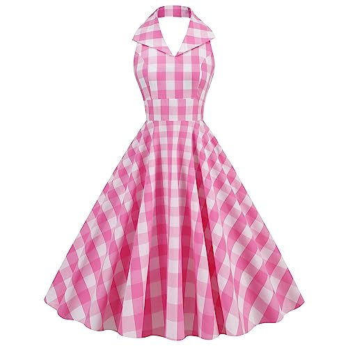 Damen Vichy Karo Vintage 1950er Rockabilly Audrey Hepburn Kleid Neckholder R?ckenfrei V-Ausschnitt Plaid A-Linie Retro Cocktailkleid Abendkleider 50er Jahre Party Festkleid Ballkleider Rosa M von FYMNSI