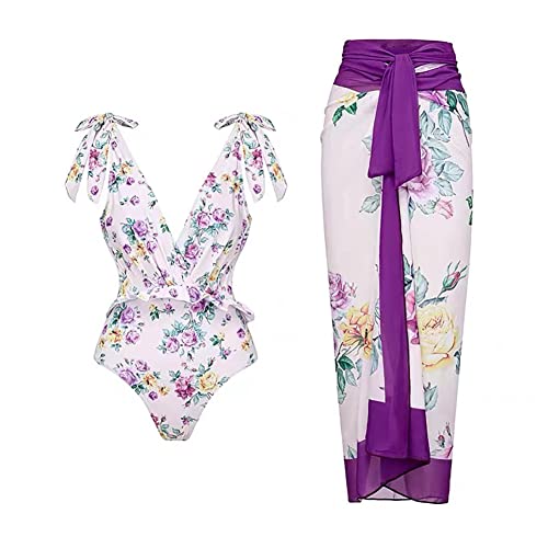 Damen Zweiteilig Badeanzug V-Ausschnitt Monokini Elegant Blumen Gedruckt Badeanzugkleid Badekleid Schwimmrock Retro Ruched Bauchweg Schwimmkleid Baderock Tankini Sport Schwimmanzug Lila Blumen S von FYMNSI