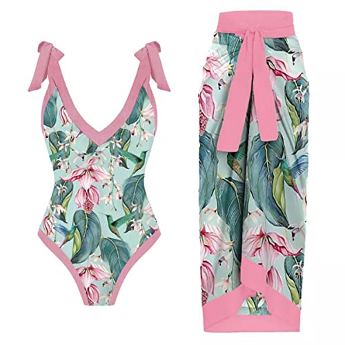 Damen Zweiteilig Badeanzug V-Ausschnitt Monokini Elegant Blumen Gedruckt Badeanzugkleid Badekleid Schwimmrock Retro Ruched Bauchweg Schwimmkleid Baderock Tankini Sport Schwimmanzug Rosa + Grün L von FYMNSI