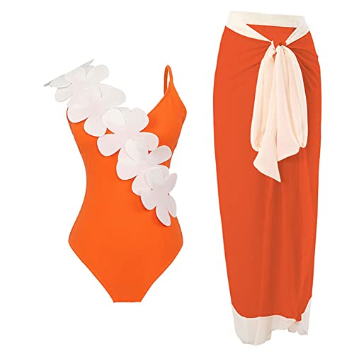 Damen Zweiteilig Badeanzug V-Ausschnitt Monokini Elegant Rüschen Bauchweg Rückenfrei Ruched Einteilige Bademode Swimsuit mit Strand Sarong Chiffon Wickelröcke Badekleid Schwimmrock Orange + Weiß XL von FYMNSI