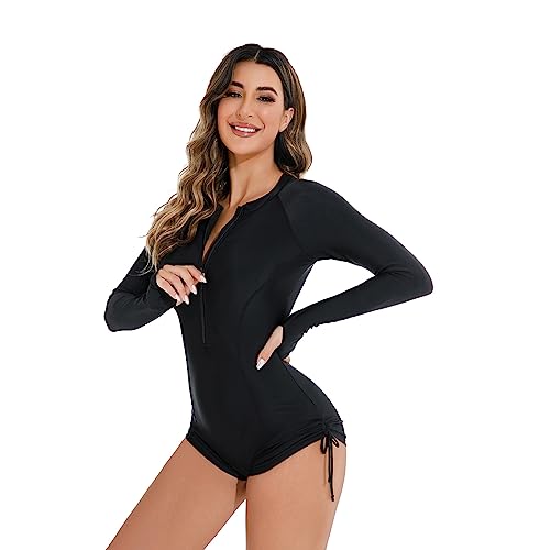 Damen Zweiteilige Langarm Schwimmanzug mit Shorts Rei?verschluss Schwimmshirt Rash Guard UV-Schutz UPF 50+ Badeshirt Bademode Sportlich Badebekleidung Surfanzug Strandmode Neoprenanzug Schwarz 2XL von FYMNSI