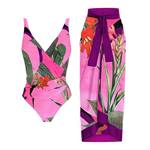 Damen Zweiteiliger Badeanzug Bauchweg Einteiler Monokini Langes Maxi Rock Vintage V-Ausschnitt Badeanzugkleid Badekleid Schwimmrock Schwimmkleid Baderock Tankini Schwimmanzug Bademode Rose + Lila M von FYMNSI