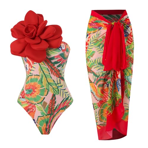 Damen Zweiteiliger Badeanzug Bauchweg Einteiler Monokini Mit Maxi Rock Vintage Blumen Druck V-Ausschnitt Badeanzugkleid Badekleid Schwimmrock Schwimmkleid Baderock Schwimmanzug Rot Blumen XL von FYMNSI