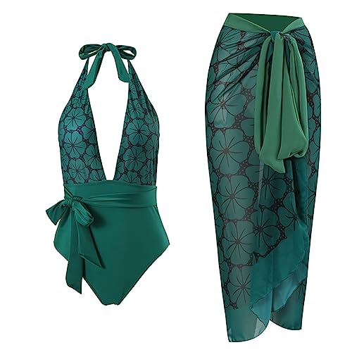 Damen Zweiteiliger Badeanzug Bauchweg Einteiler Monokini mit Langes Maxi Rock Sarong Cover Up Vintage Neckholder V-Ausschnitt Badeanzugkleid Badekleid Tankini Schwimmanzug Bademode Gr?n Blumen S von FYMNSI