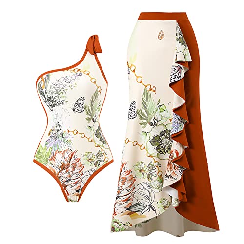 Damen Zweiteiliger Badeanzug Bauchweg Einteiler Monokini mit Langes Maxi Rock Sarong Cover Up Vintage R?schen Badeanzugkleid Badekleid Schwimmkleid Tankini Schwimmanzug Bademode Braun R?schen S von FYMNSI