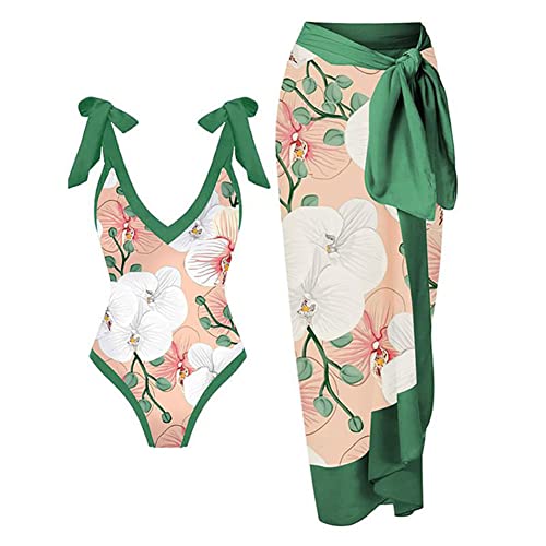 Damen Zweiteiliger Badeanzug Bauchweg Einteiler Monokini mit Langes Maxi Rock Sarong Cover Up Vintage V-Ausschnitt Badeanzugkleid Badekleid Schwimmkleid Tankini Schwimmanzug Bademode Grasgr?n L von FYMNSI