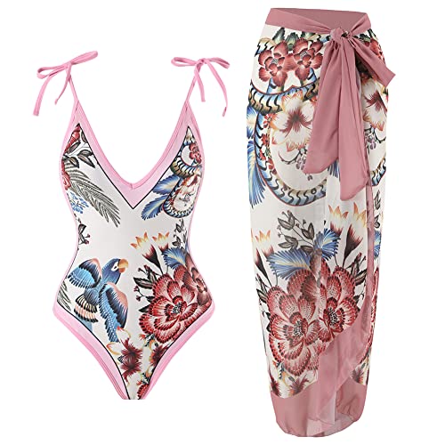 Damen Zweiteiliger Badeanzug Bauchweg Einteiler Monokini mit Langes Maxi Rock Sarong Cover Up Vintage V-Ausschnitt Badeanzugkleid Badekleid Schwimmkleid Tankini Schwimmanzug Bademode Rosa Blumen L von FYMNSI