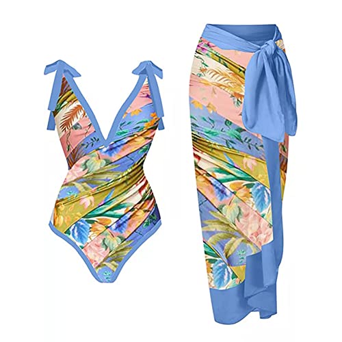 Damen Zweiteiliger Badeanzug Bauchweg Einteiler Monokini mit Langes Maxi Rock Vintage V-Ausschnitt Badeanzugkleid Badekleid Schwimmrock Schwimmkleid Baderock Tankini Schwimmanzug Bademode Blau M von FYMNSI