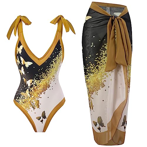 Damen Zweiteiliger Badeanzug Bauchweg Einteiler Monokini mit Langes Maxi Rock Vintage V-Ausschnitt Badeanzugkleid Badekleid Schwimmrock Schwimmkleid Baderock Tankini Schwimmanzug Bademode Braun M von FYMNSI