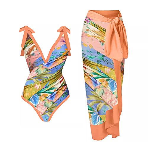 Damen Zweiteiliger Badeanzug Bauchweg Einteiler Monokini mit Langes Maxi Rock Vintage V-Ausschnitt Badeanzugkleid Badekleid Schwimmrock Schwimmkleid Baderock Tankini Schwimmanzug Bademode Pfirsich M von FYMNSI