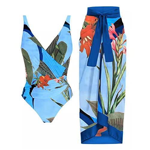 Damen Zweiteiliger Badeanzug Bauchweg Einteiler Monokini mit Langes Maxi Rock Vintage V-Ausschnitt Badeanzugkleid Badekleid Schwimmrock Schwimmkleid Baderock Tankini Schwimmanzug Bademode Seeblau M von FYMNSI