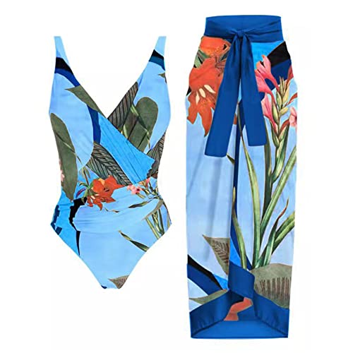 Damen Zweiteiliger Badeanzug Bauchweg Einteiler Monokini mit Langes Maxi Rock Vintage V-Ausschnitt Badeanzugkleid Badekleid Schwimmrock Schwimmkleid Baderock Tankini Schwimmanzug Bademode Seeblau S von FYMNSI