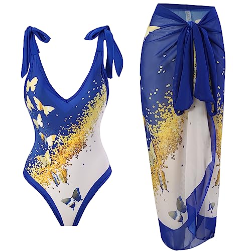 Damen Zweiteiliger Badeanzug Bauchweg Einteiler Monokini mit Langes Maxirock Vintage V-Ausschnitt Badeanzugkleid Badekleid Schwimmrock Schwimmkleid Baderock Tankini Schwimmanzug Bademode K?nigsblau M von FYMNSI