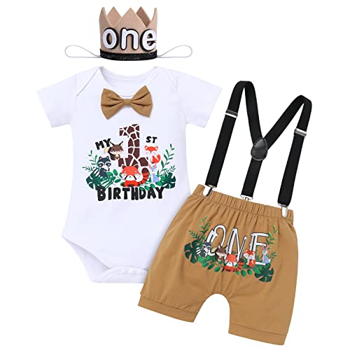 Dschungel Baby Jungen 1. Geburtstag Party Outfit Waldtier Baumwolle Kurzarm Strampler Body Shorts Hosenträger König Krone Hut Bekleidungsset Fotoshooting Kostüme 4tlg Braun Giraffe 12-18 Monate von FYMNSI