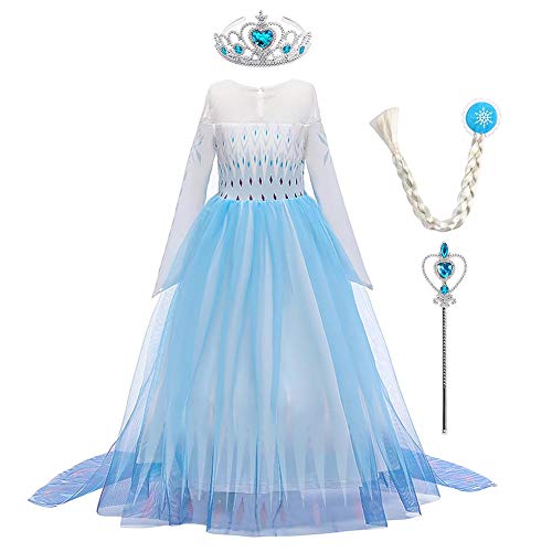 ELSA Kostüm Mädchen Schneekönigin 2 Prinzessin Blau Schneeflocke Druck Langarm Tüll Umhang Abendkleid Maskerade Party Fasching Halloween Weihnachten Kleid mit Krone Zauberstab Zubehör 13-14 Jahre von FYMNSI