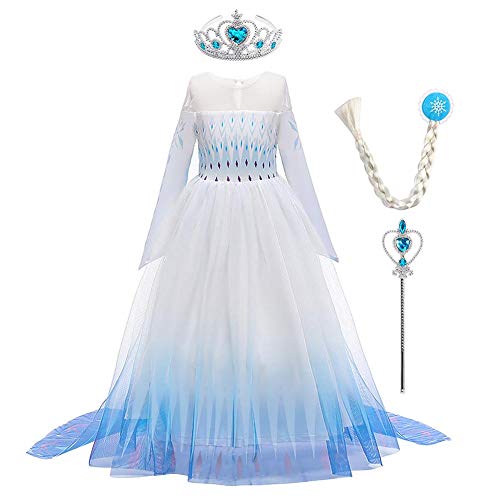 ELSA Kostüm Mädchen Schneekönigin 2 Prinzessin Blau Schneeflocke Druck Langarm Tüll Umhang Abendkleid Maskerade Party Fasching Halloween Weihnachten Kleid mit Krone Zauberstab Zubehör 13-14 Jahre von FYMNSI