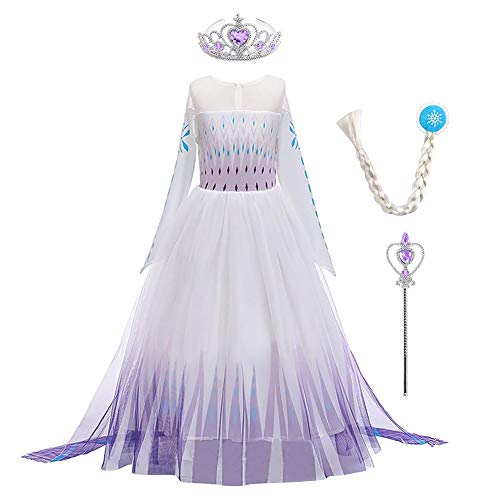 ELSA Kostüm Mädchen Schneekönigin 2 Prinzessin Lila Schneeflocke Druck Langarm Tüll Umhang Abendkleid Maskerade Party Fasching Halloween Weihnachten Kleid mit Krone Zauberstab Zubehör 3-4 Jahre von FYMNSI