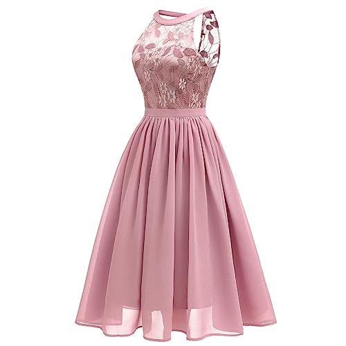 Elegante Kleider Damen Chiffon Spitzenkleid Neckholder Ärmellos Festkleid Knielang Swing Festliche Kleider für Hochzeit Brautjungfer Abendkleid Partykleid Cocktailkleid Sommerkleid Dunkelrosa M von FYMNSI