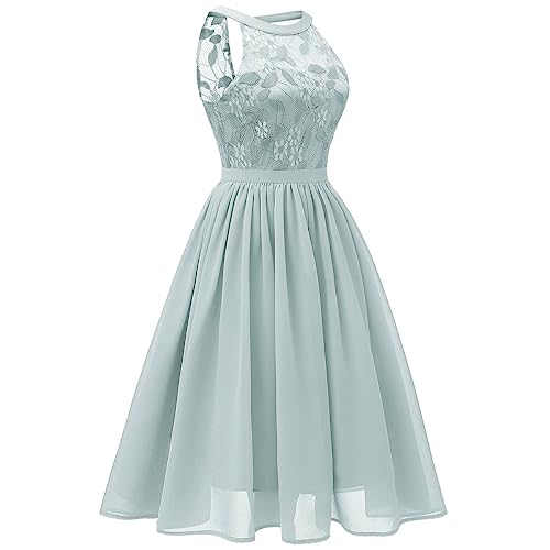 Elegante Kleider Damen Chiffon Spitzenkleid Neckholder Ärmellos Festkleid Knielang Swing Festliche Kleider für Hochzeit Brautjungfer Abendkleid Partykleid Cocktailkleid Sommerkleid Hellgrün M von FYMNSI