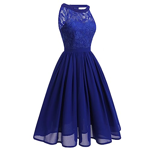 Elegante Kleider Damen Chiffon Spitzenkleid Neckholder Ärmellos Festkleid Knielang Swing Festliche Kleider für Hochzeit Brautjungfer Abendkleid Partykleid Cocktailkleid Sommerkleid Königsblau S von FYMNSI