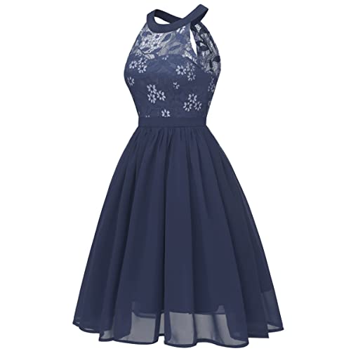 Elegante Kleider Damen Chiffon Spitzenkleid Neckholder Ärmellos Festkleid Knielang Swing Festliche Kleider für Hochzeit Brautjungfer Abendkleid Partykleid Cocktailkleid Sommerkleid Marineblau XXL von FYMNSI