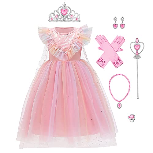 Elsa Kostüm Mädchen Eiskönigin 2 Prinzessin Kleid Schneekönigin Schneeflocke Tüllkleid Umhang mit Zubehör Weihnachten Halloween Verkleidung Fasching Karneval Cosplay Geburtstag Partykleid Rosa 4-5J von FYMNSI