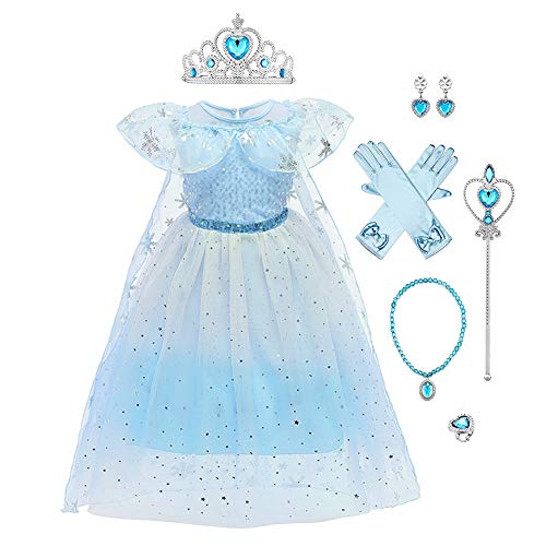 Elsa Kostüm Mädchen Eiskönigin 2 Prinzessin Kleid Schneekönigin Tüllkleid Umhang mit Zubehör Weihnachten Halloween Verkleidung Fasching Karneval Cosplay Geburtstag Partykleid Gradient Blau 2-3J von FYMNSI