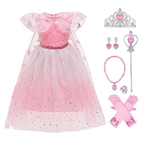 Elsa Kostüm Mädchen Eiskönigin 2 Prinzessin Kleid Schneekönigin Tüllkleid Umhang mit Zubehör Weihnachten Halloween Verkleidung Fasching Karneval Cosplay Geburtstag Partykleid Gradient Rosa 2-3J von FYMNSI