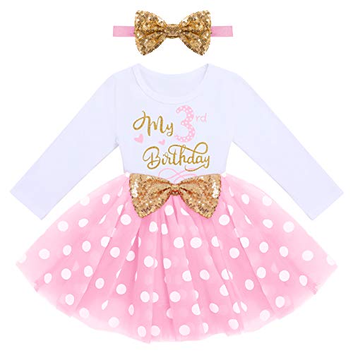 FKleinkinder Mädchen Mein 3. Geburtstag Kleid Baumwolle Langarm Gepunktet Tutu Tüllkleid A-Linie Prinzessin Partykleid mit Pailletten Schleife Stirnband 2tlg Set Fotoshooting Outfit Rosa 3 Jahre von FYMNSI