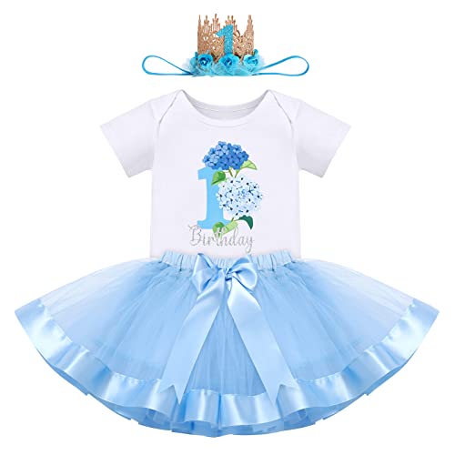 FYMNSI 1 Jahr Erster Geburtstag Mädchen Outfit Blumen Party Kleid Cake Smash Baumwolle Kurzarm Body Strampler Tutu Rock Krone Stirnband 3tlg Sommer Bekleidungsset Fotoshooting Kostüm Blau 1 Jahr von FYMNSI