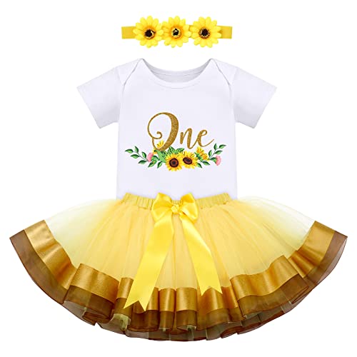 FYMNSI 1 Jahr Erster Geburtstag Mädchen Outfit Sonnenblume Party Kleid Cake Smash Baumwolle Kurzarm Body Strampler Tutu Rock Stirnband 3tlg Sommer Bekleidungsset Fotoshooting Kostüm Gelb - One 1 Jahr von FYMNSI