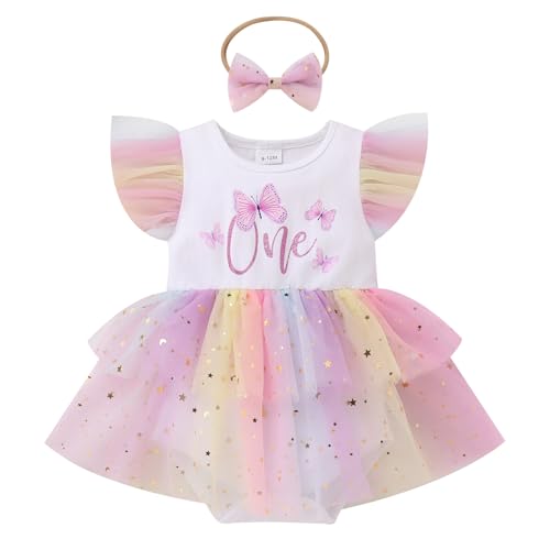 FYMNSI 1. Geburtstag Mädchen Baby Outfit Schmetterling 1 Jahr Party Kleid Baumwolle Tütü Tüll Prinzessin Bodykleid mit Stirnband Sommer Bekleidungsset Festliches Fotoshooting Kleidung Lila 9-12 Monate von FYMNSI
