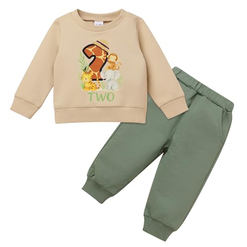 FYMNSI 2 Geburtstag Outfit Jungen Baby Dschungel Safari Tier Themen Zwei Jahre alt Party Kleidung Rundhals Langarm Sweatshirt Tops mit Hosen Set Herbst Winter Freizeitkleidung Khaki 18-24 Monate von FYMNSI
