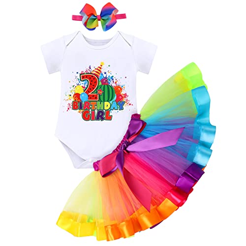 FYMNSI 2. Zweiter Geburtstag Outfit Regenbogen Tütü Rock Kurzarm Strampler Body Stirnband Cartoon 2 Jahre Party Fotoshooting Fotografie Fasching Kostüme Bekleidungsset 2nd Birthday Girl von FYMNSI