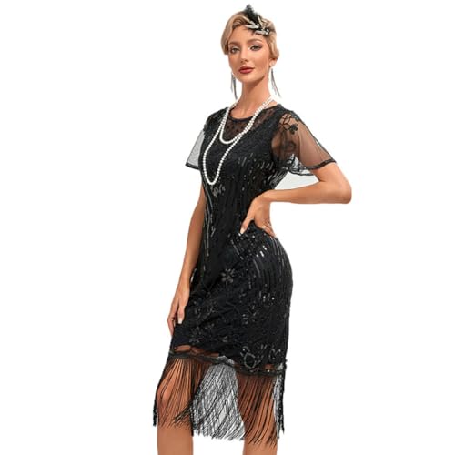 FYMNSI 20er Jahre Kostüm Damen Charleston Kleid, Roundhals Pailletten Fransen Kleid 1920er Jahre Vintage Gatsby Kleid für Faschingskostüm Moto Party Festliches Festkleid Schwarz 4XL von FYMNSI
